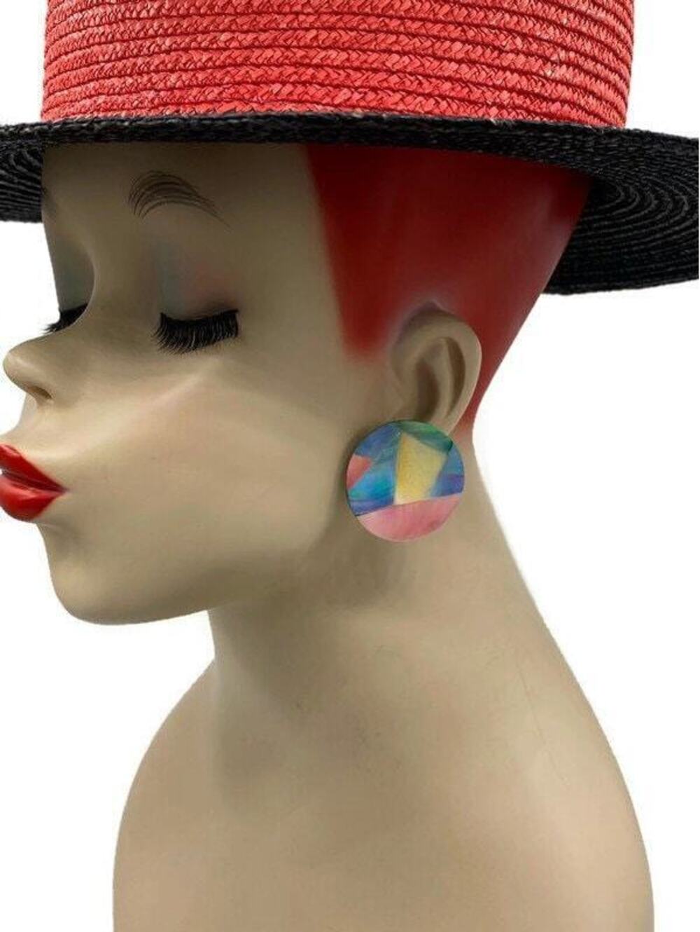 Vtg Inlaid Acrylic Pastel Button Clip Earrings HH21